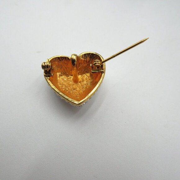 Vintage Heart Brooch Pave Rhinestone Puff Gold Tone Back Pendant - Picture 4 of 9